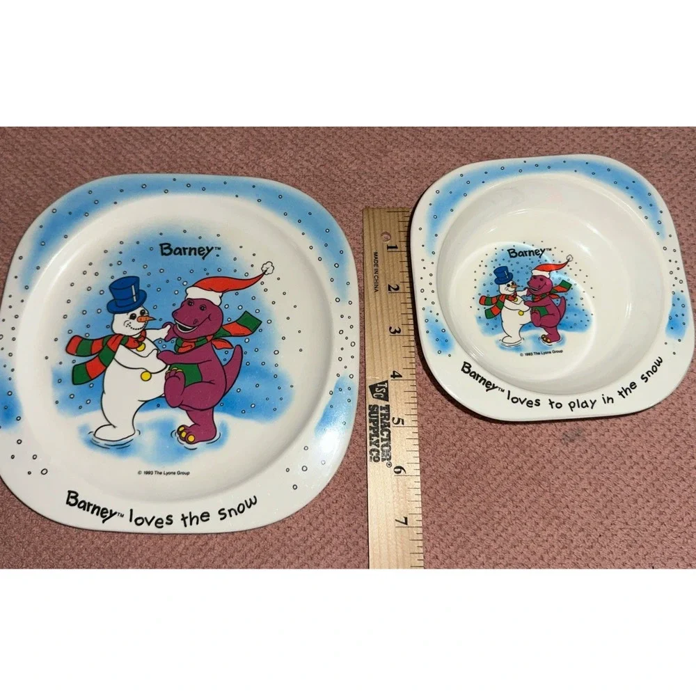 Barney Dinosaur Plate and Bowl 1993 Snowman‎ Snow Winter Loves to Play Vintage